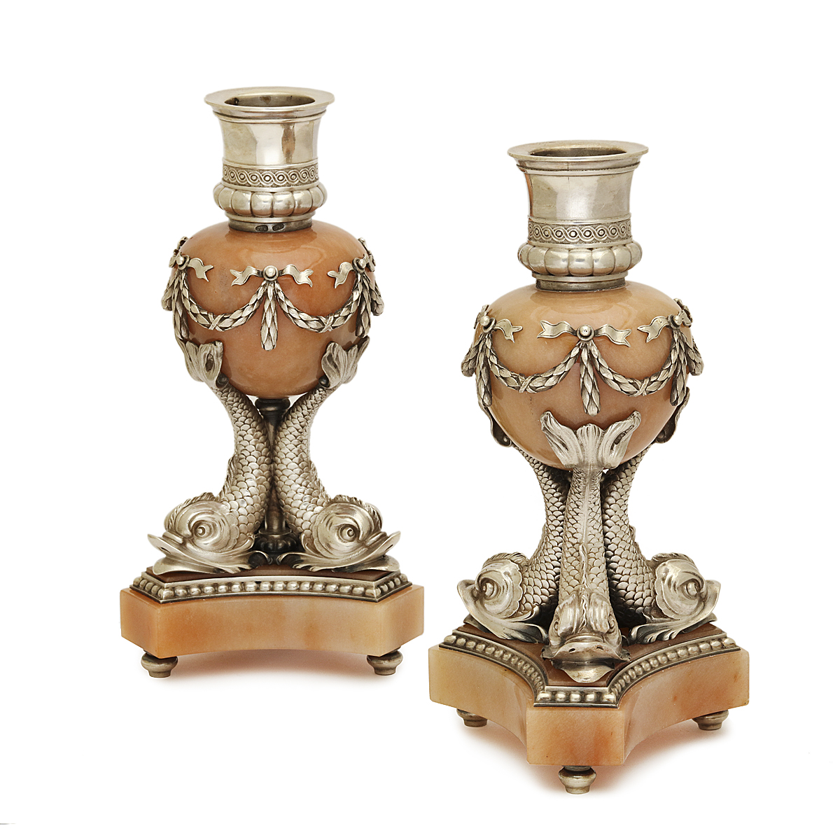 Fabergé Aventurine and Silver Candlesticks