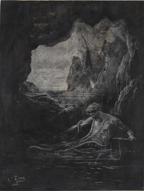 Gilliatt Struggles with the Giant Octopus (Illustration from Les Travaileurs de la Mer by Victor Hugo