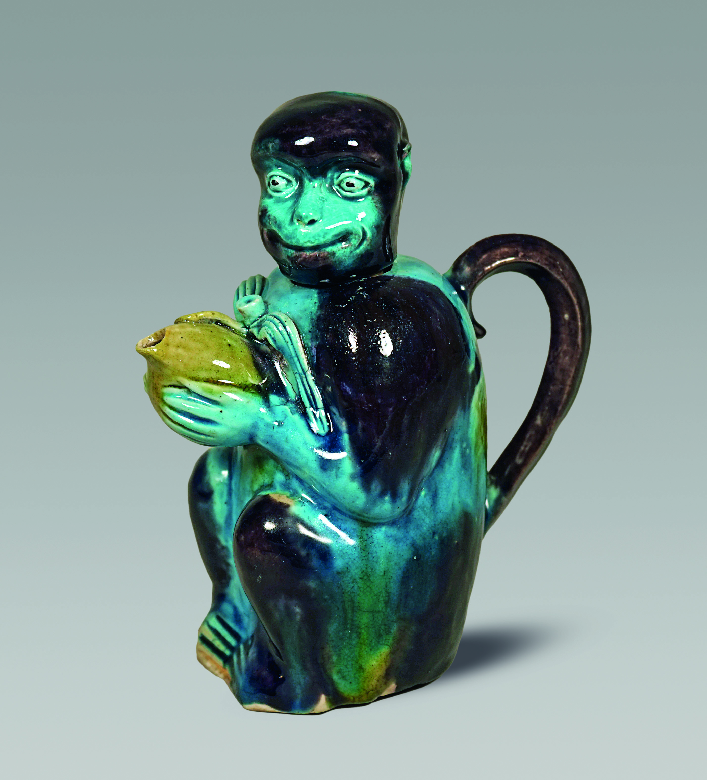 Rare Chinese Fahua Glazed Porcelain Monkey Ewer and Cover