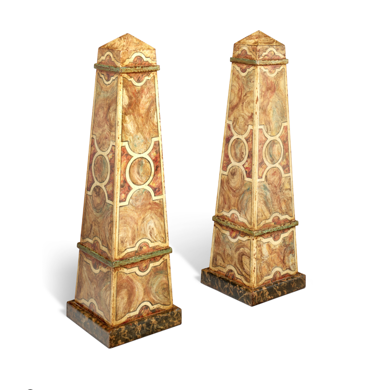 A pair of early 19th century Italian faux painted obeslisks