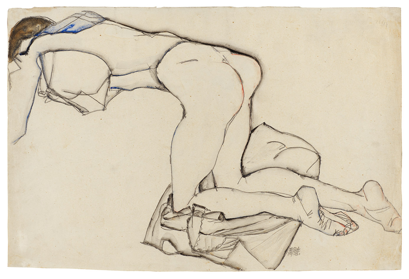 Nude Girl, Scantily Dressed in a Blue Blouse, Kneeling on a Cloth