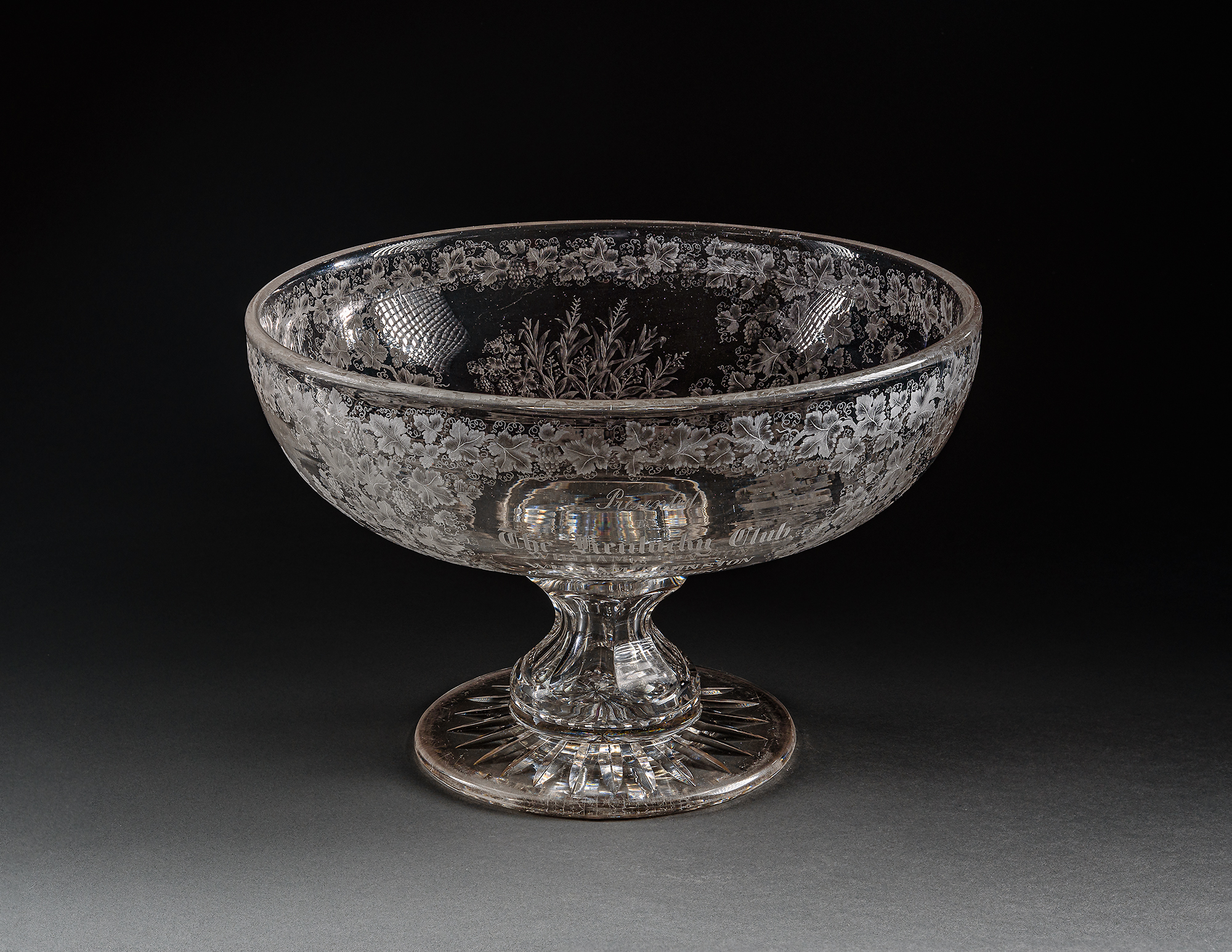 Monumental Clear Blown Glass Compote with Engraved Presentation Inscription
