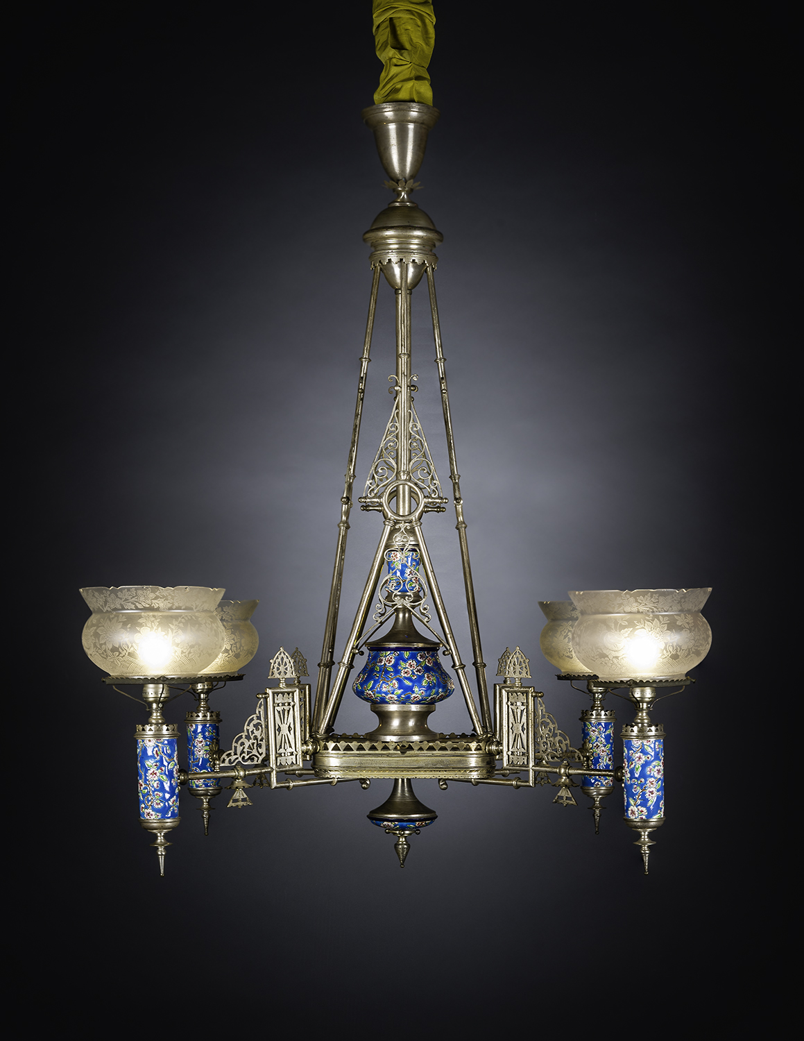 Japanesque Gasolier with Longwy Mounts