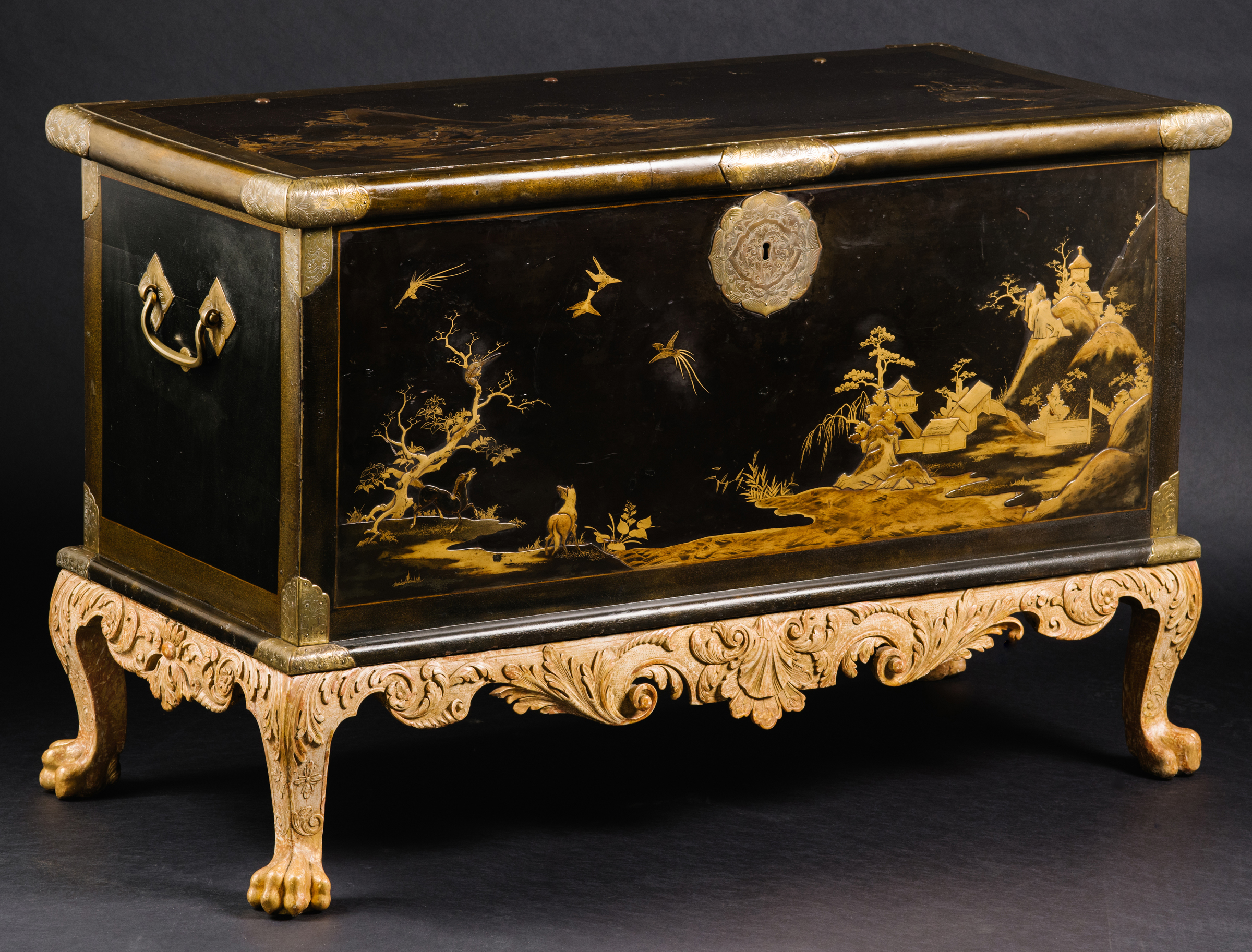 A Japanese Black Lacquer & Gilt-Copper-Mounted Chest on a George II Giltwood Stand