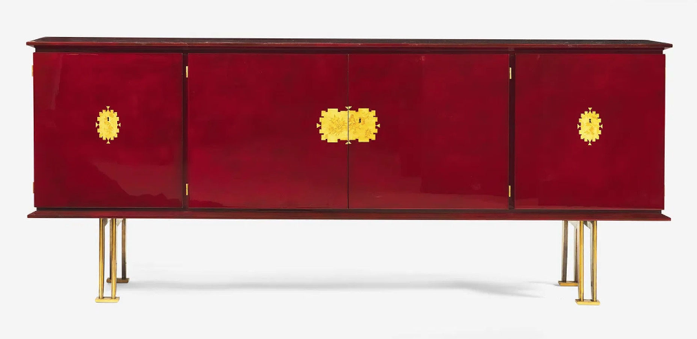 Red Lacquered Laque Nuagé Sideboard by Jules et Jean Leleu
