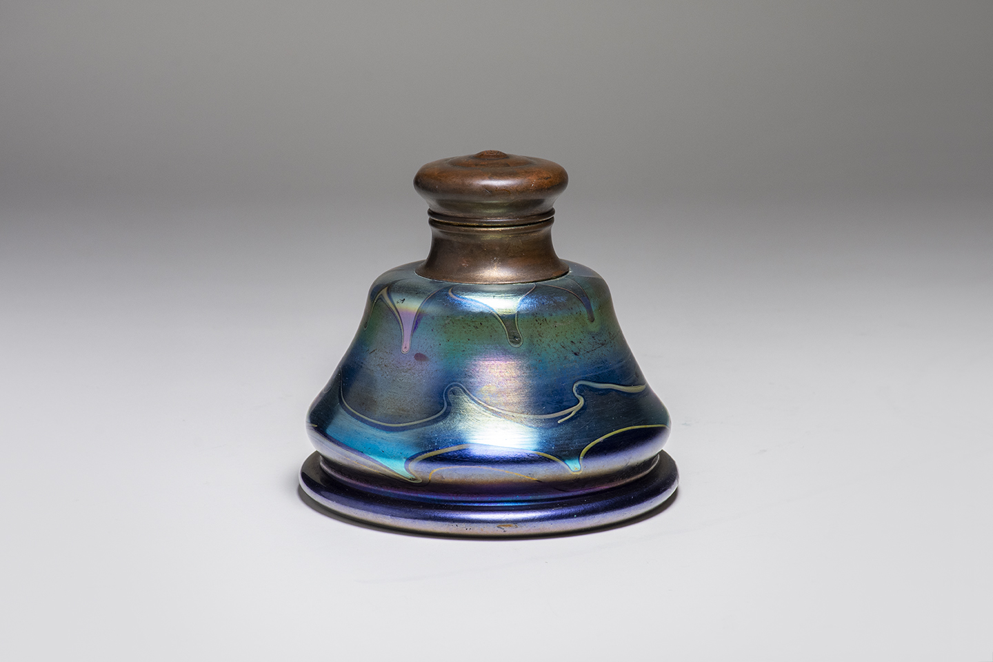 Early Favrile Glass Inkwell with Monogrammed Bronze Lid