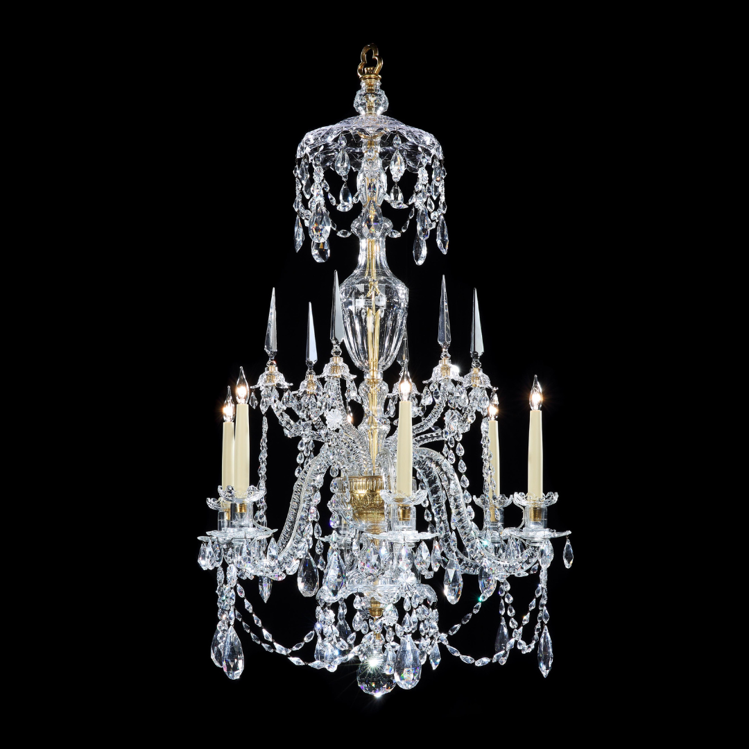 A GEORGE III ORMOLU MOUNTED CUT GLASS SIX LIGHT CHANDELIER BY PARKER & PERRY