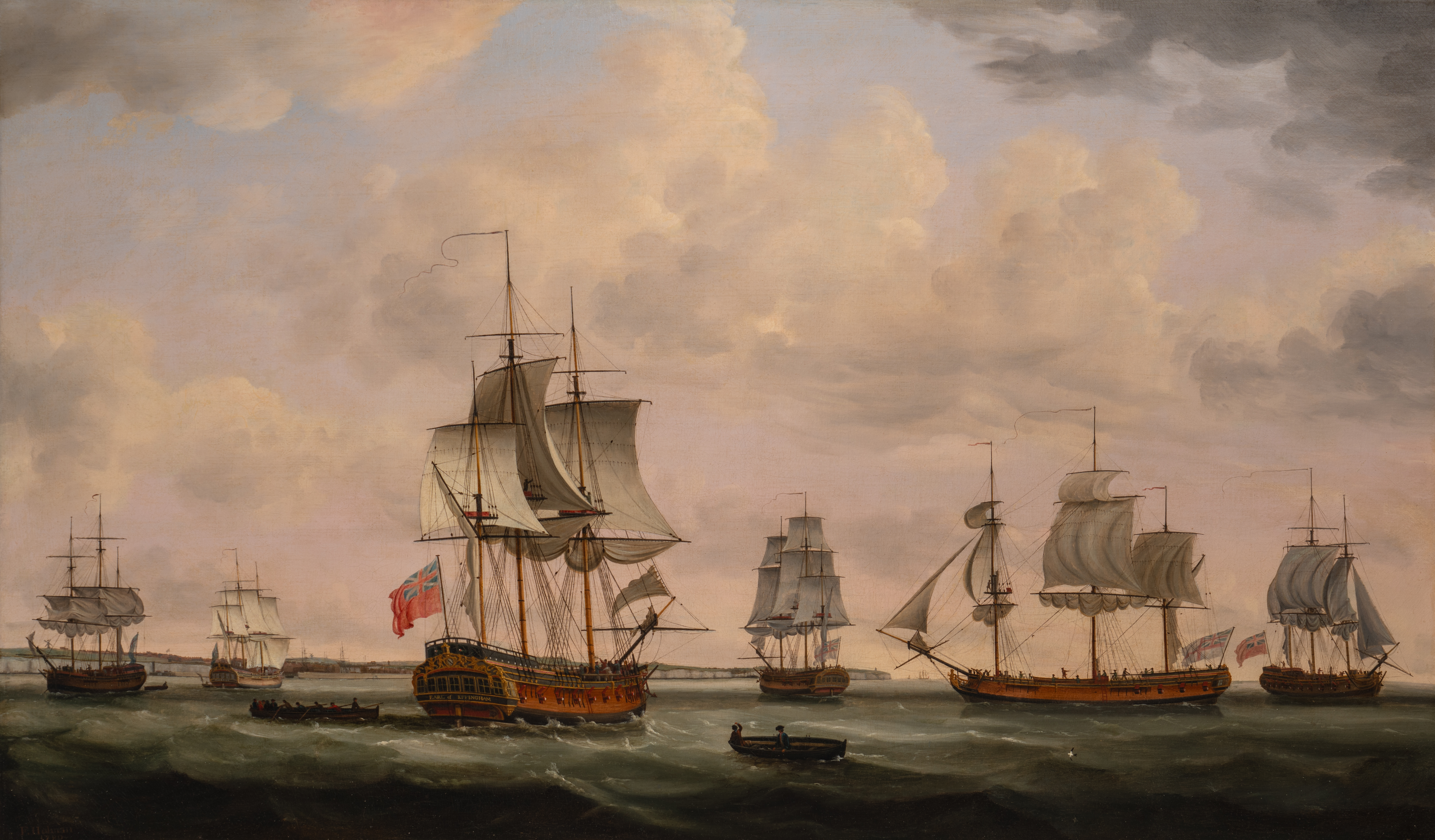 East Indiamen assembling off the coast with the Earl of Effingham, the Beckford and the Land Overly in the foreground