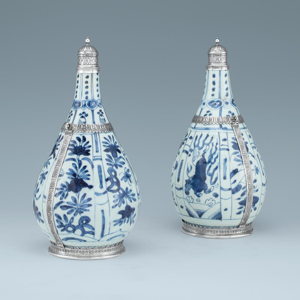 A Pair of Silver-Mounted Chinese Blue & White Porcelain Pilgrim Flasks