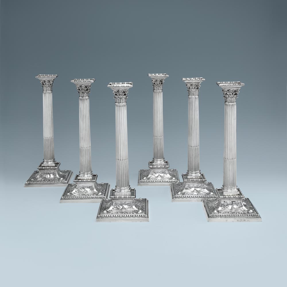 A Set of Six George III Antique English Silver Candlesticks