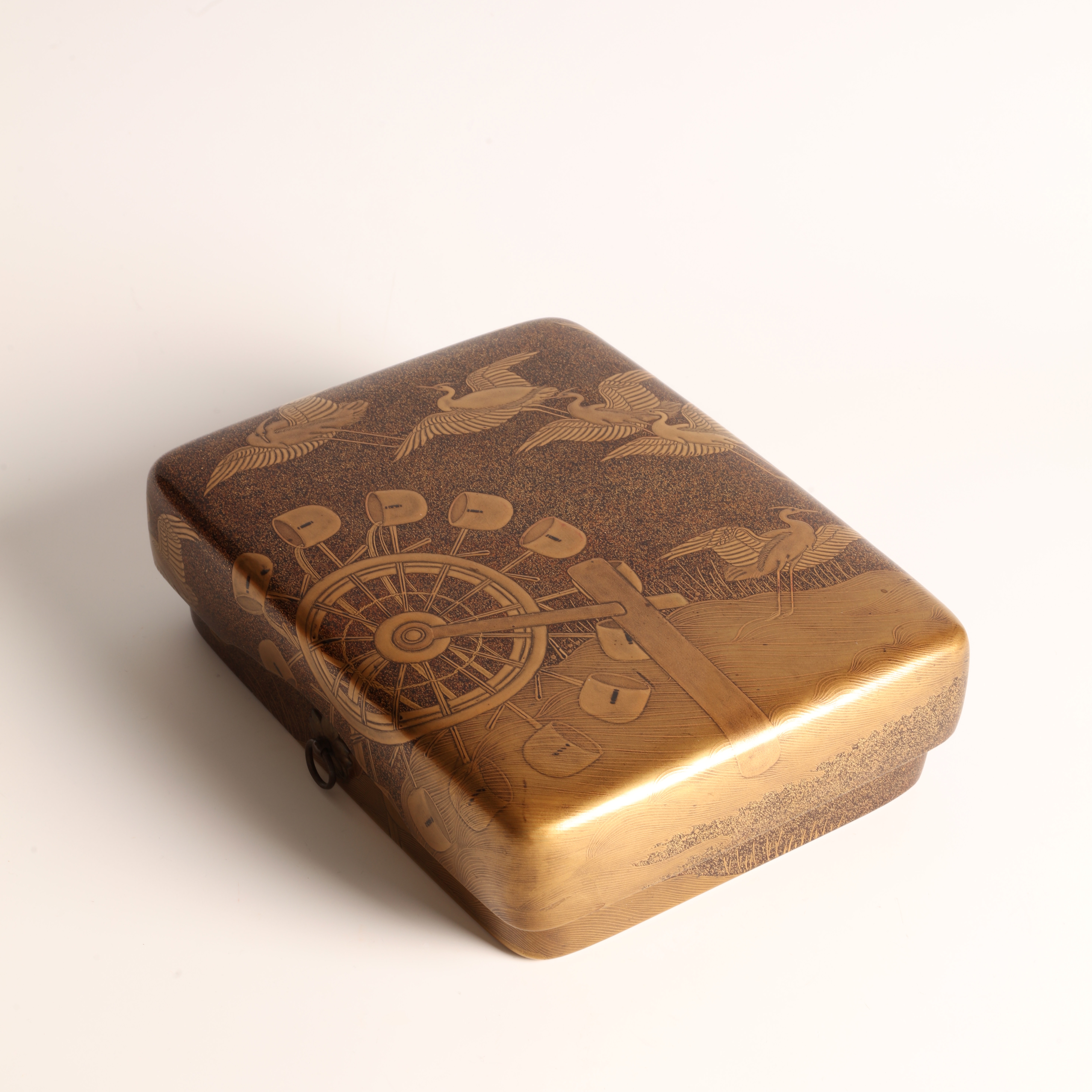 Box for Writing Utensils with Design of Egrets and Waterwheel