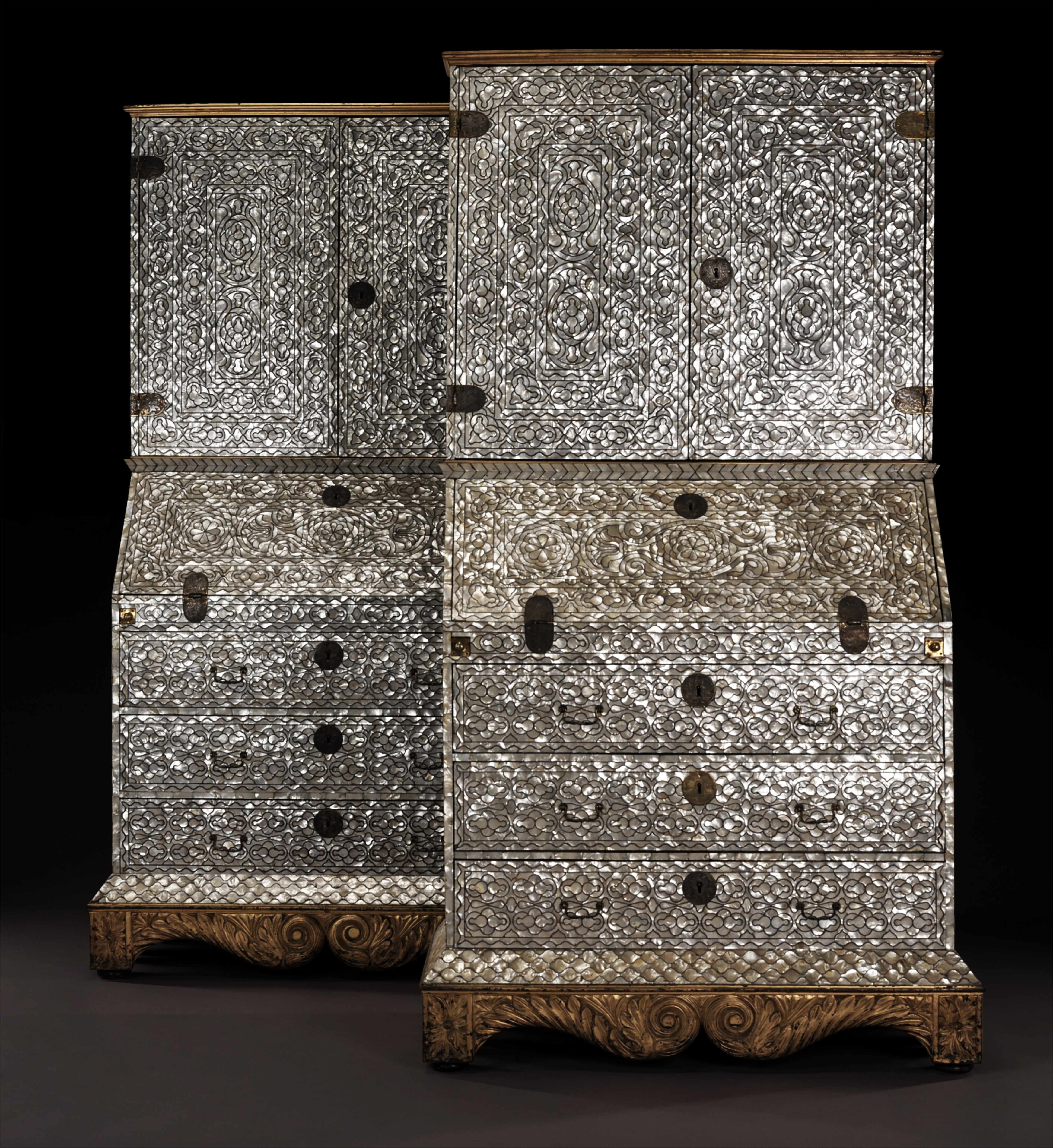 A magnificent pair of Spanish-colonial Viceregal Peruvian mother-of-pearl inlaid bureau-cabinets