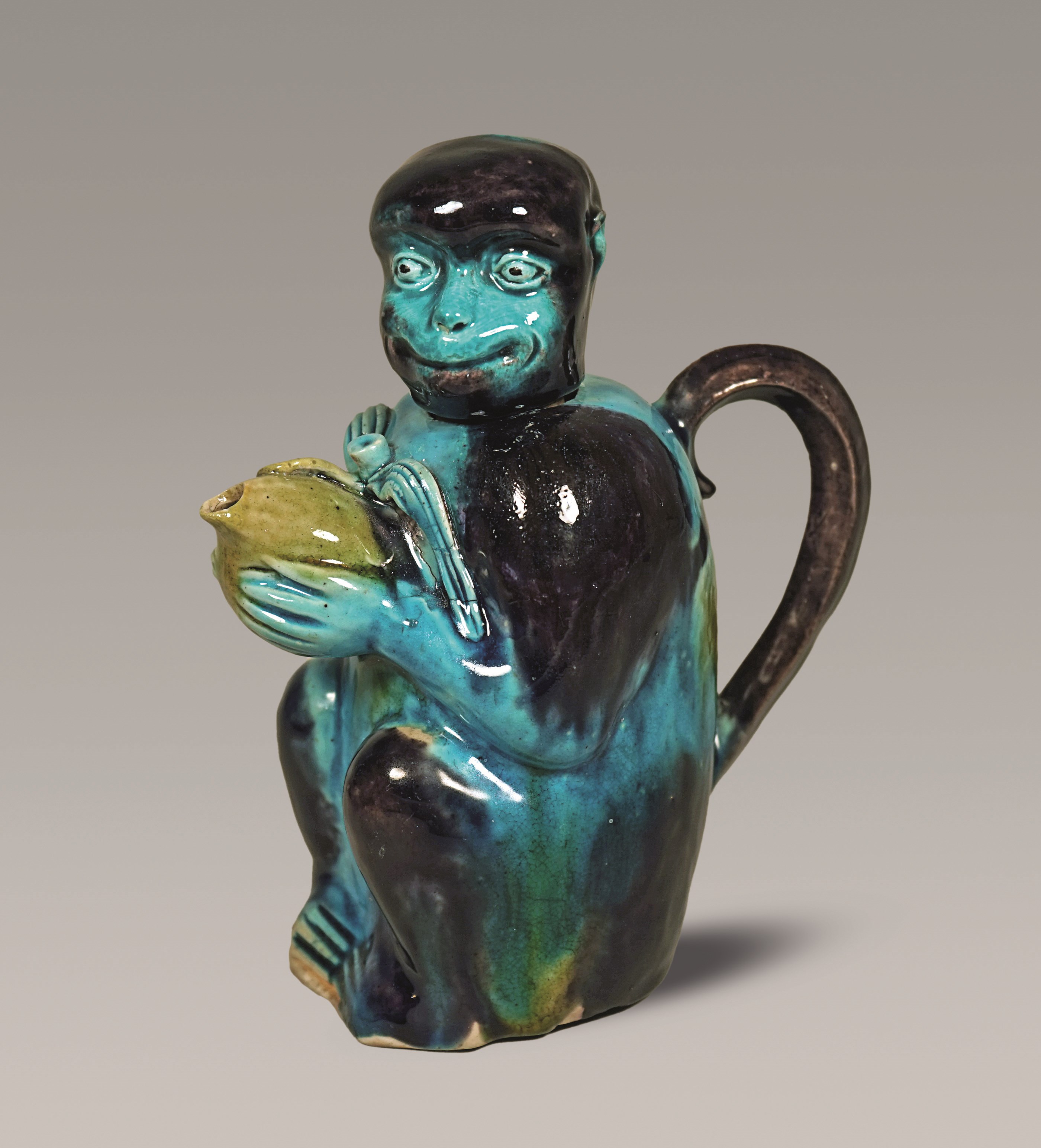 Rare Chinese Fahua Glazed Porcelain Monkey Ewer and Cover