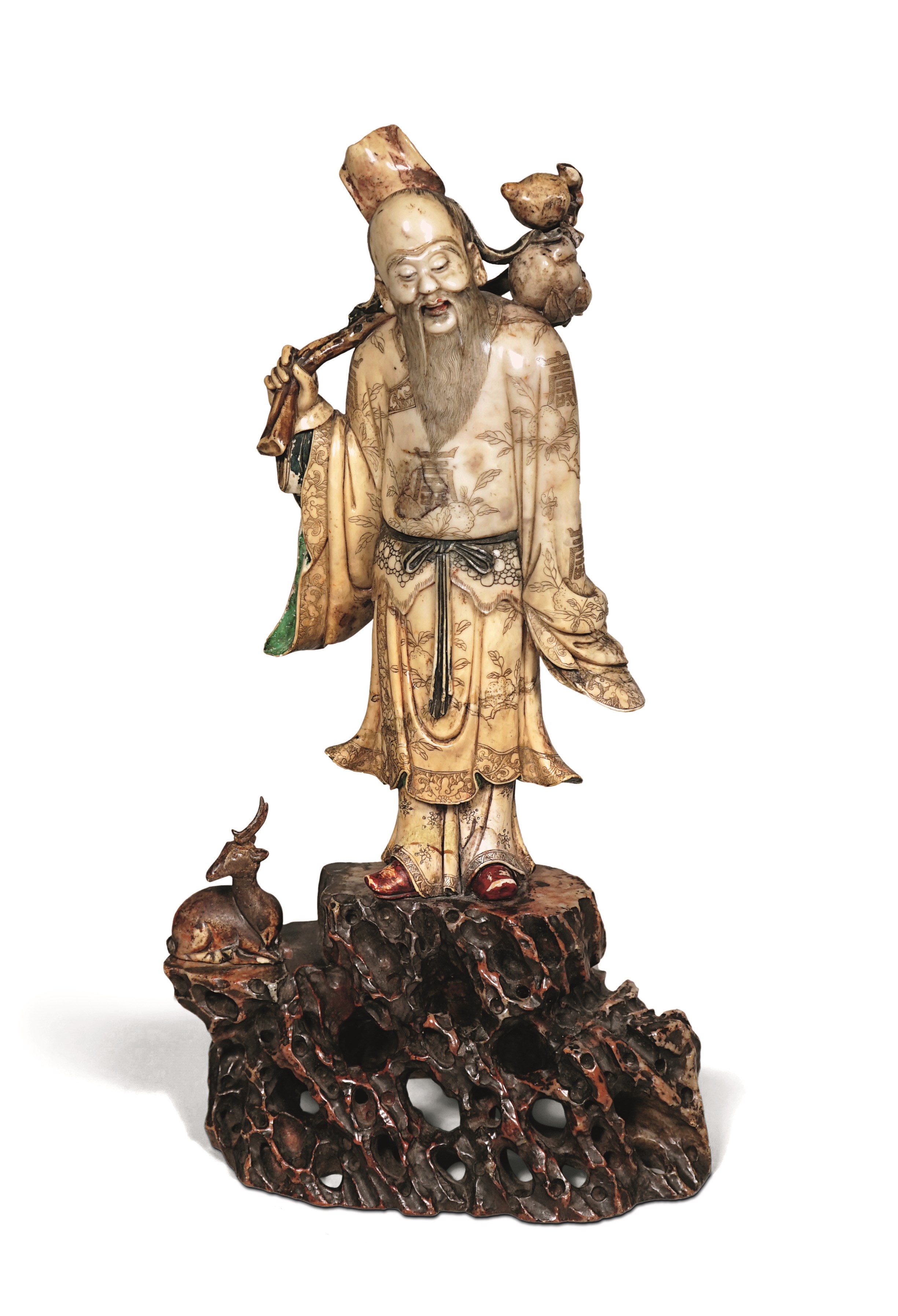 Chinese Carved Soapstone Figure of Shoulao, Daoist Immortal of Longevity