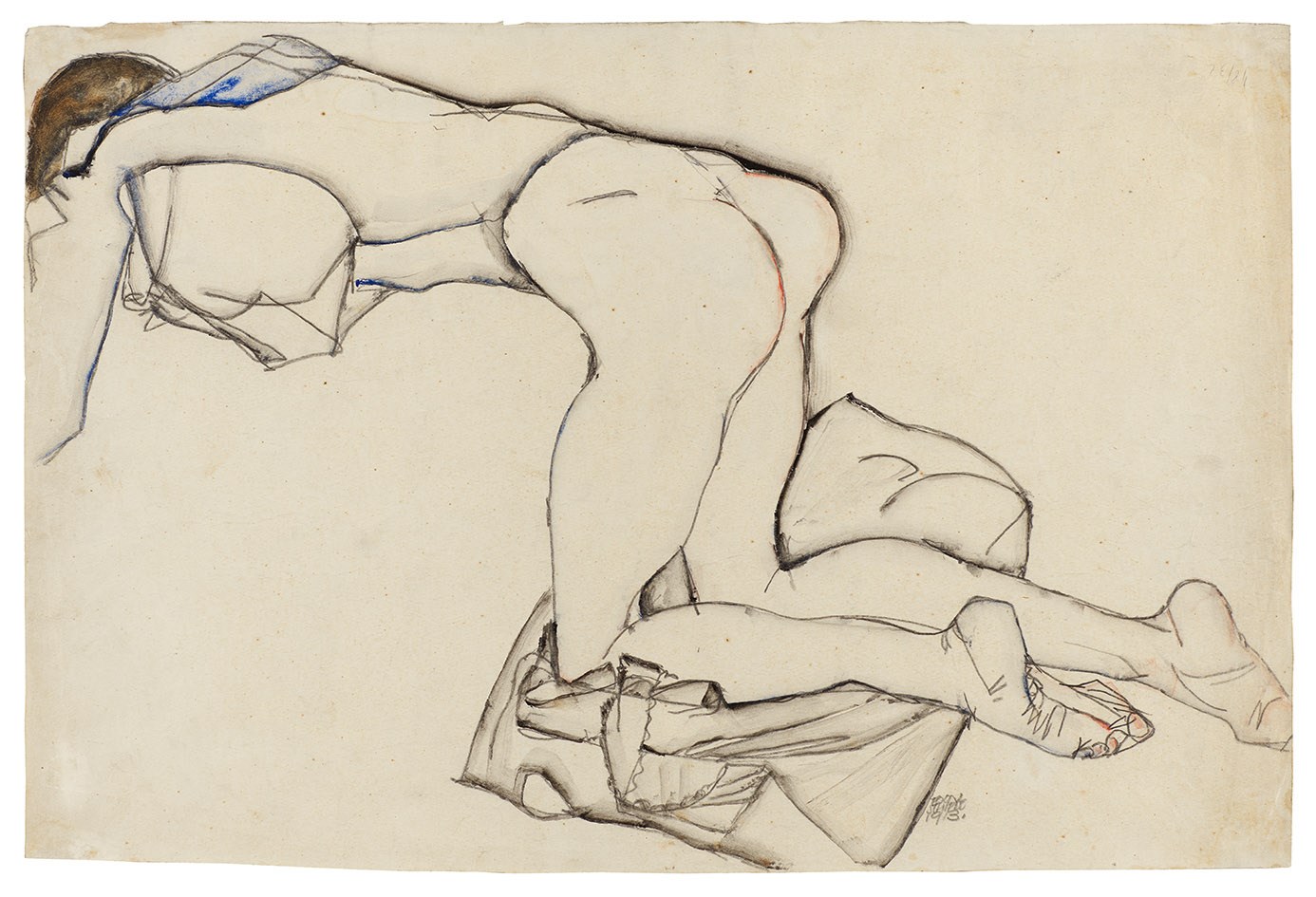 Nude Girl, Scantily Dressed in a Blue Blouse, Kneeling on a Cloth