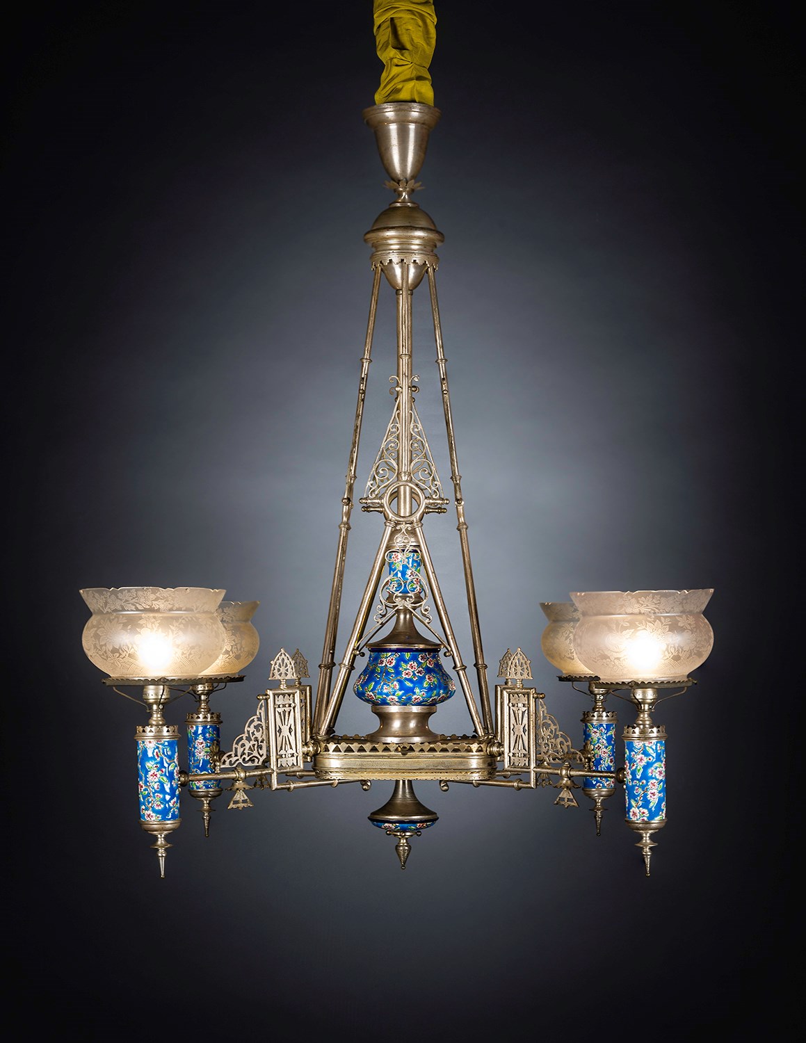 Japanesque Gasolier with Longwy Mounts