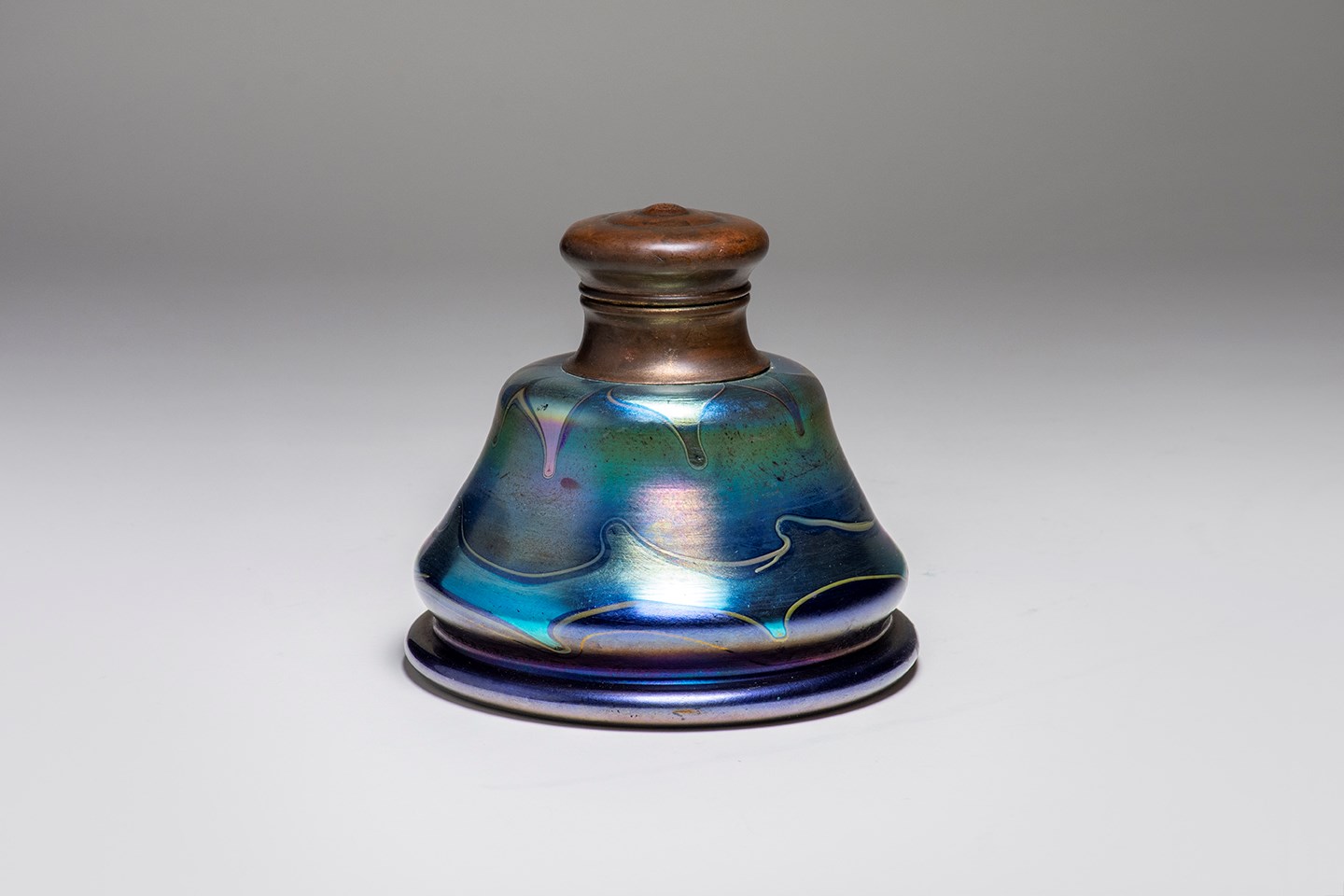 Early Favrile Glass Inkwell with Monogrammed Bronze Lid