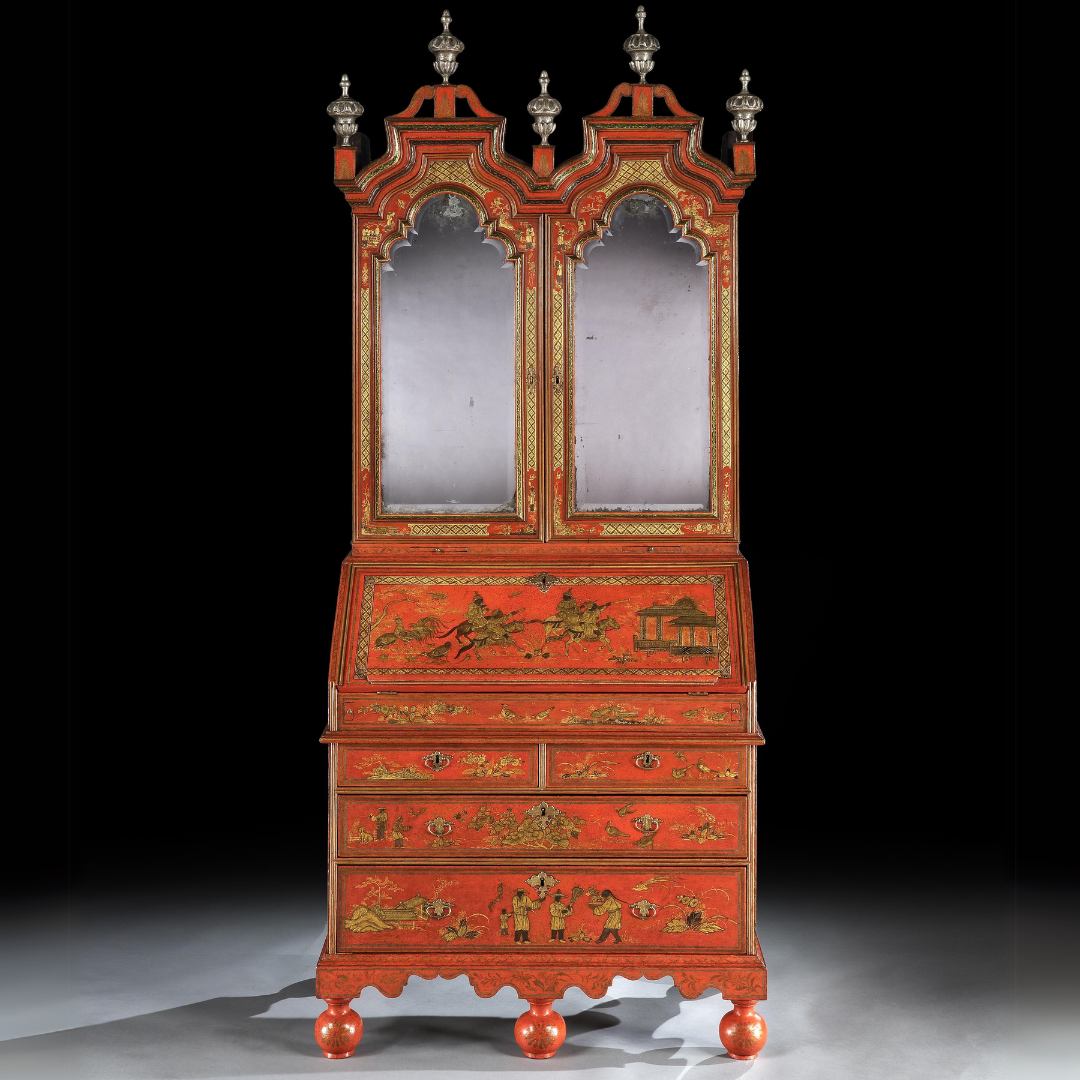 A WILLIAM AND MARY SCARLET AND GILT JAPANNED BUREAU CABINET