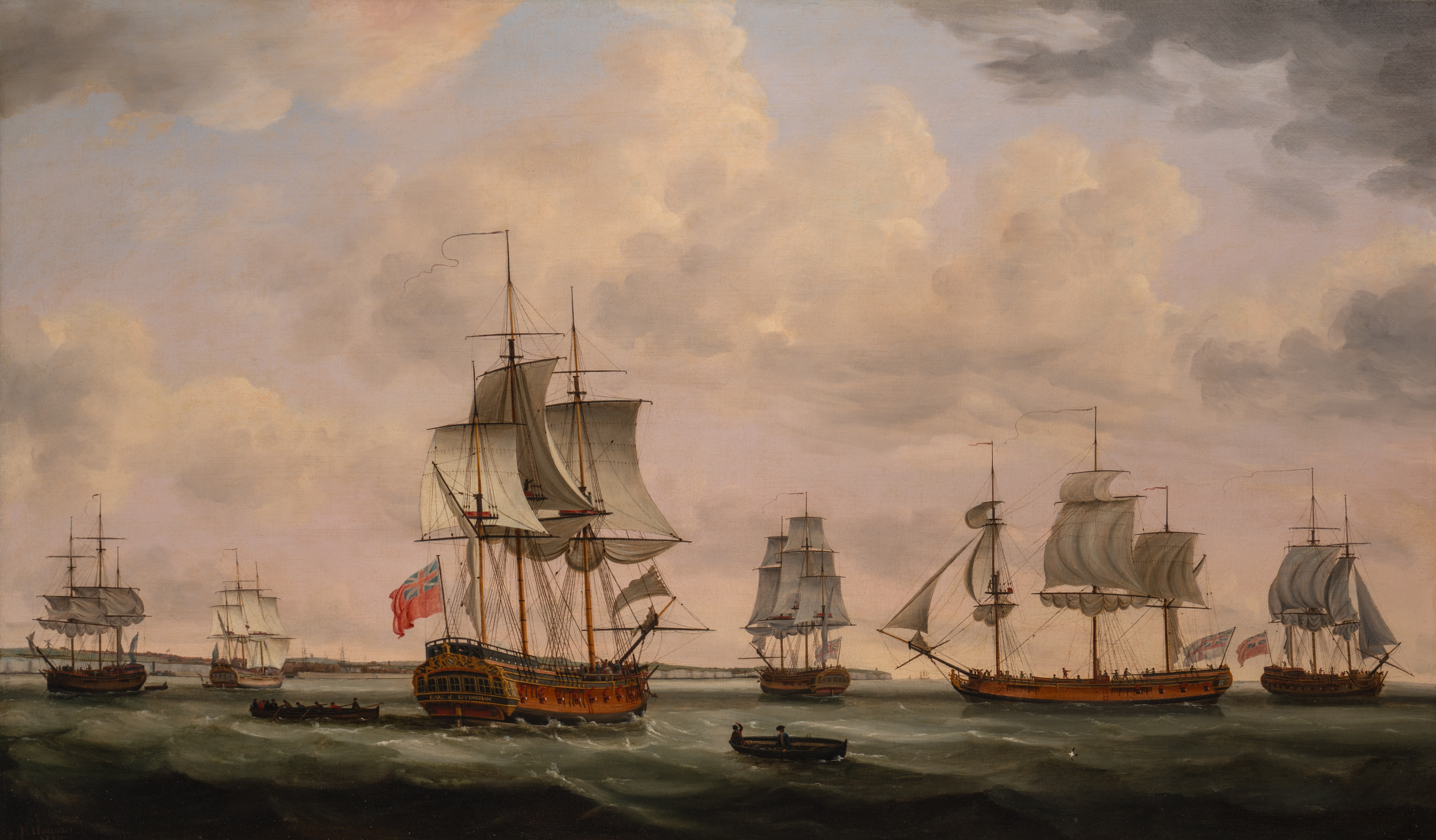 East Indiamen assembling off the coast with the Earl of Effingham, the Beckford and the Land Overly in the foreground