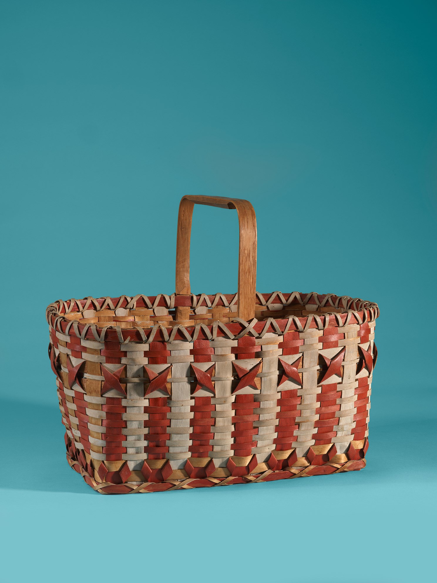 Native American Painted Rectangular Basket with Carved Bail Handle