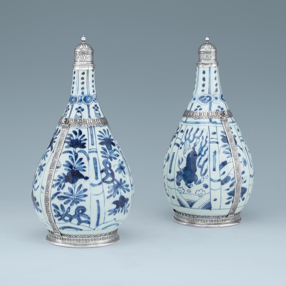 A Pair of Silver-Mounted Chinese Blue & White Porcelain Pilgrim Flasks