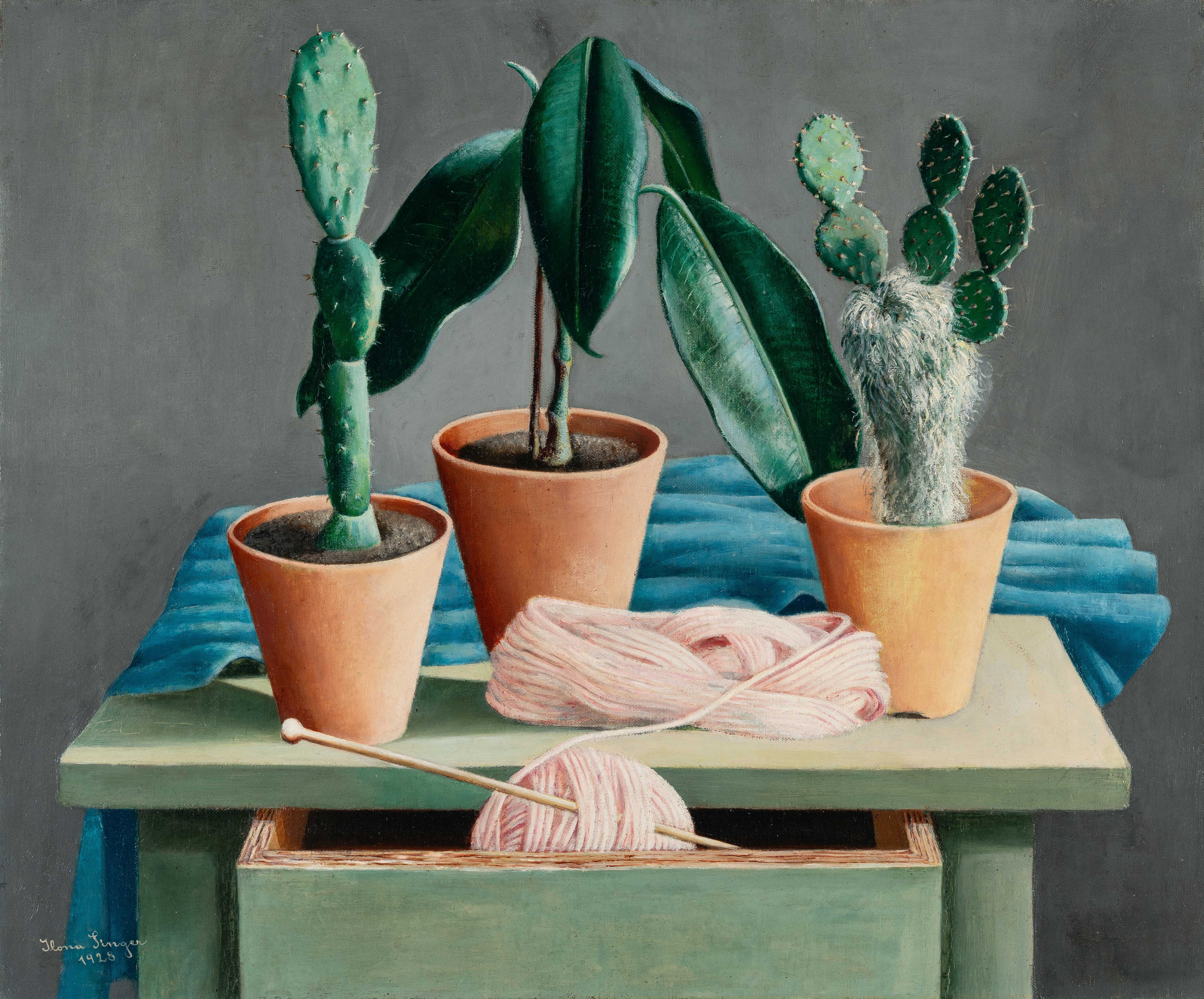Still Life with Cacti, Rubber Plant and Ball of Wool