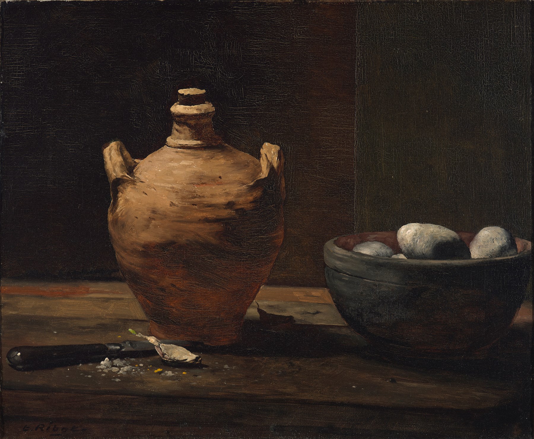 STILL LIFE WITH POTATOES, GARLIC, AND A CERAMIC JUG