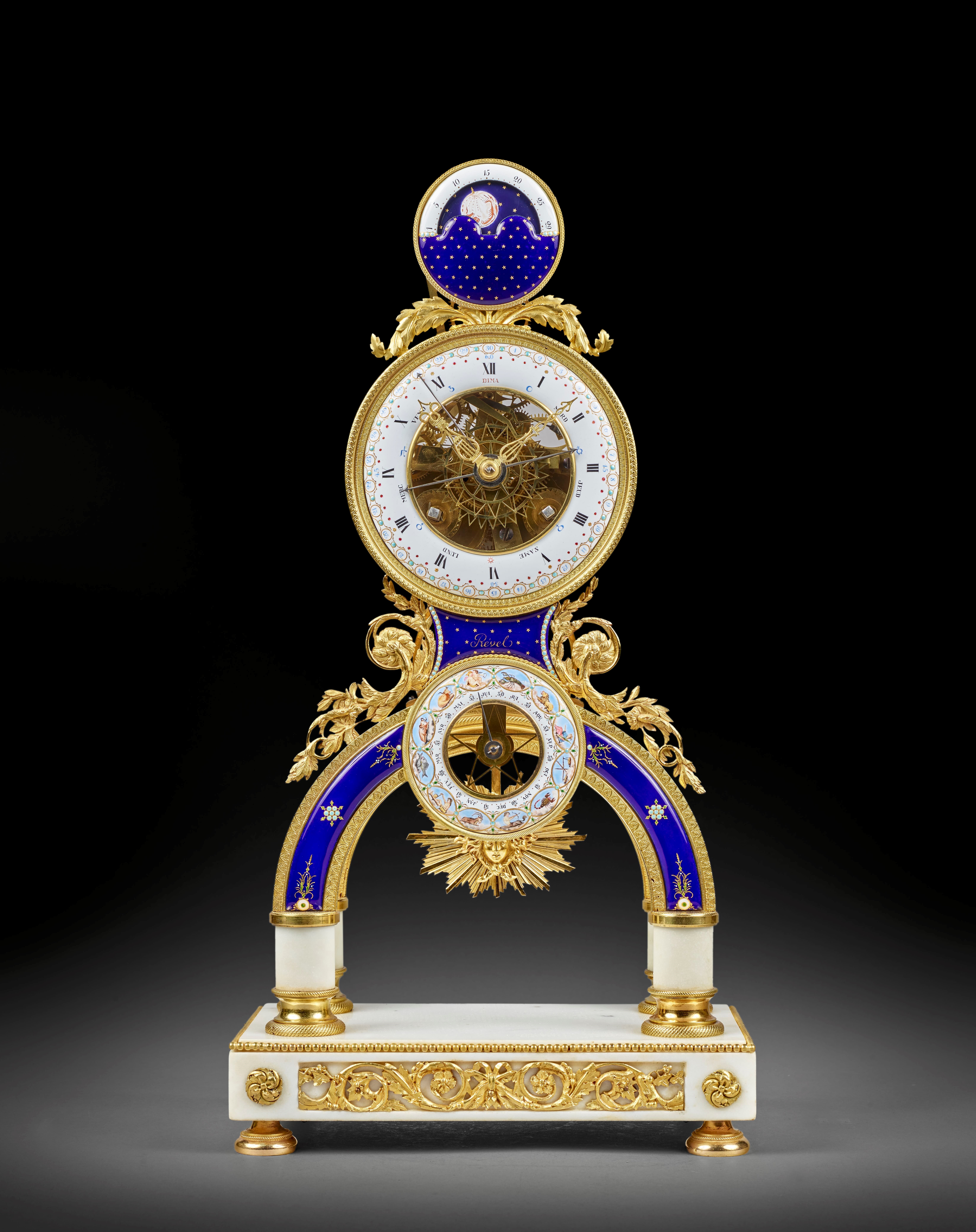 Three-dial skeleton clock with the signs of the Zodiac