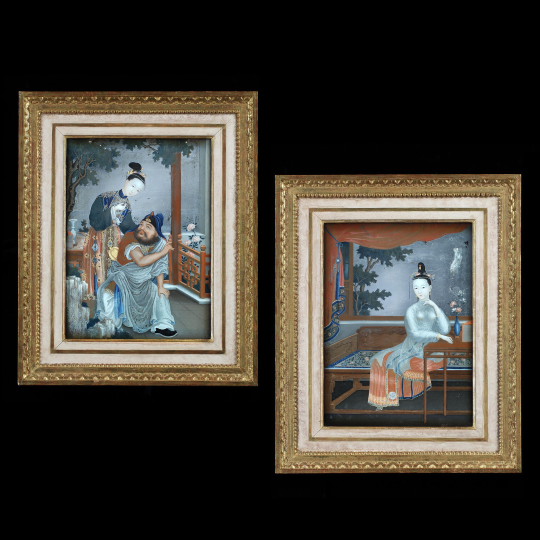 A PAIR OF GEORGE III PERIOD REVERSE GLASS MIRROR PAINTINGS