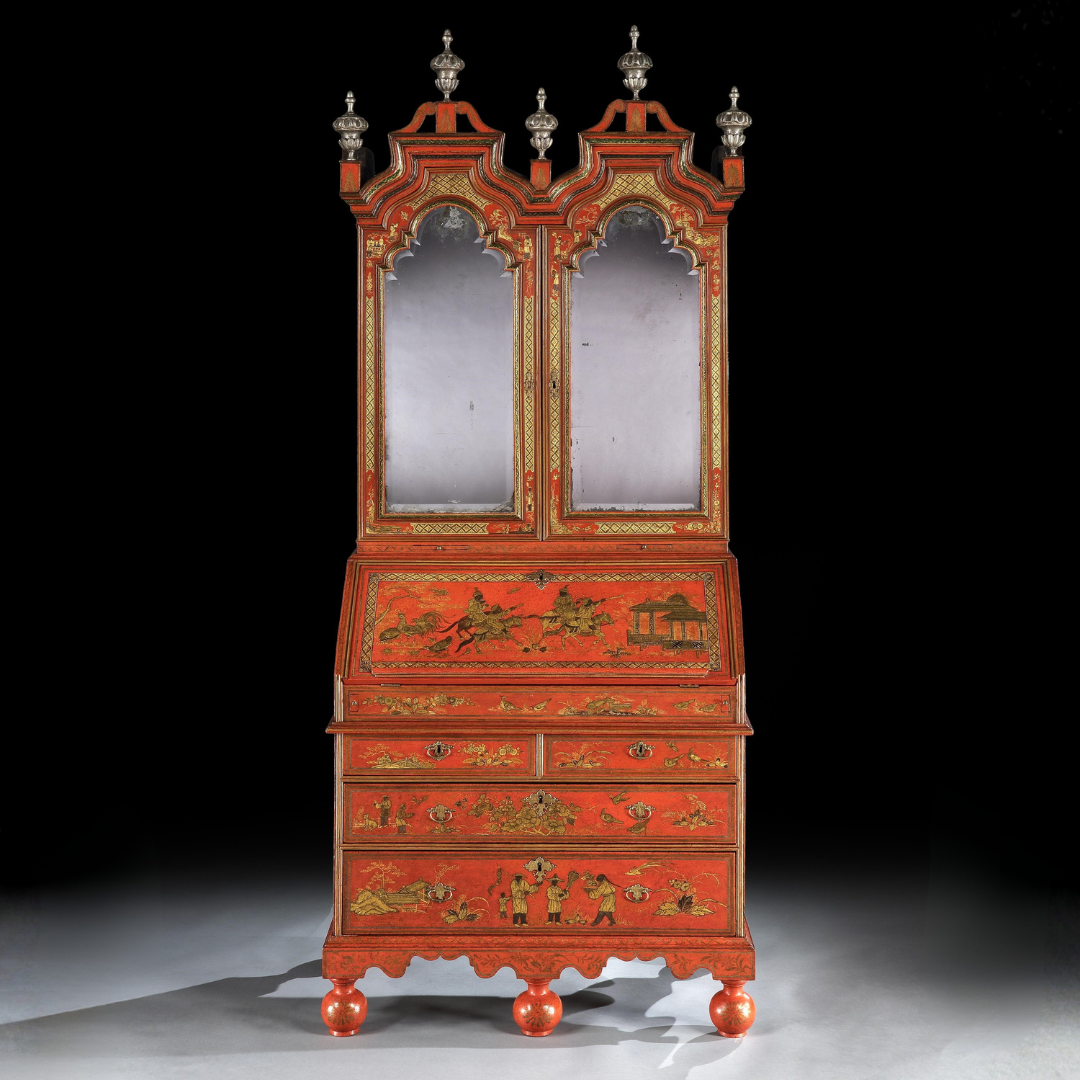 A WILLIAM AND MARY SCARLET AND GILT JAPANNED BUREAU CABINET