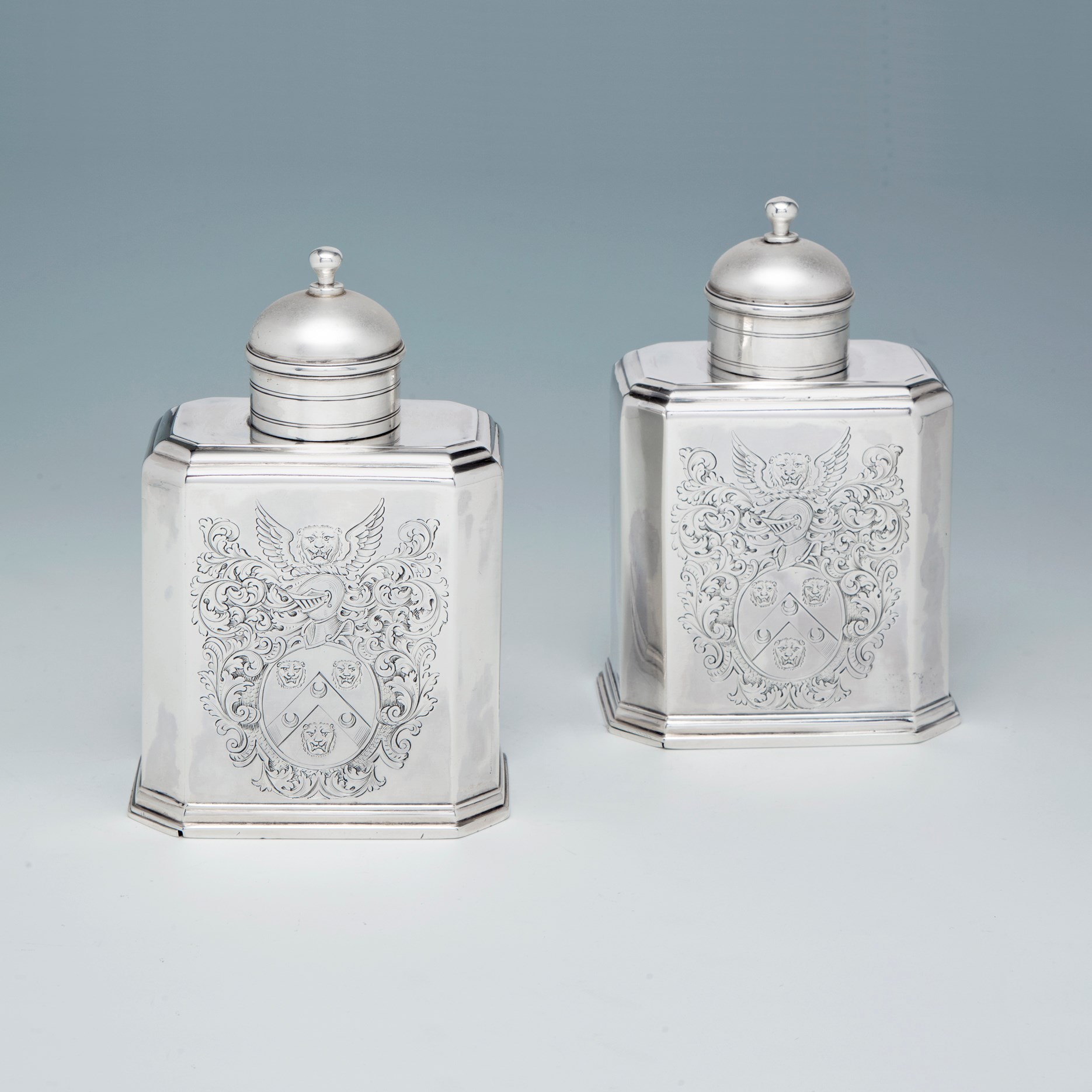A Pair of George I Antique English Silver Tea Caddies