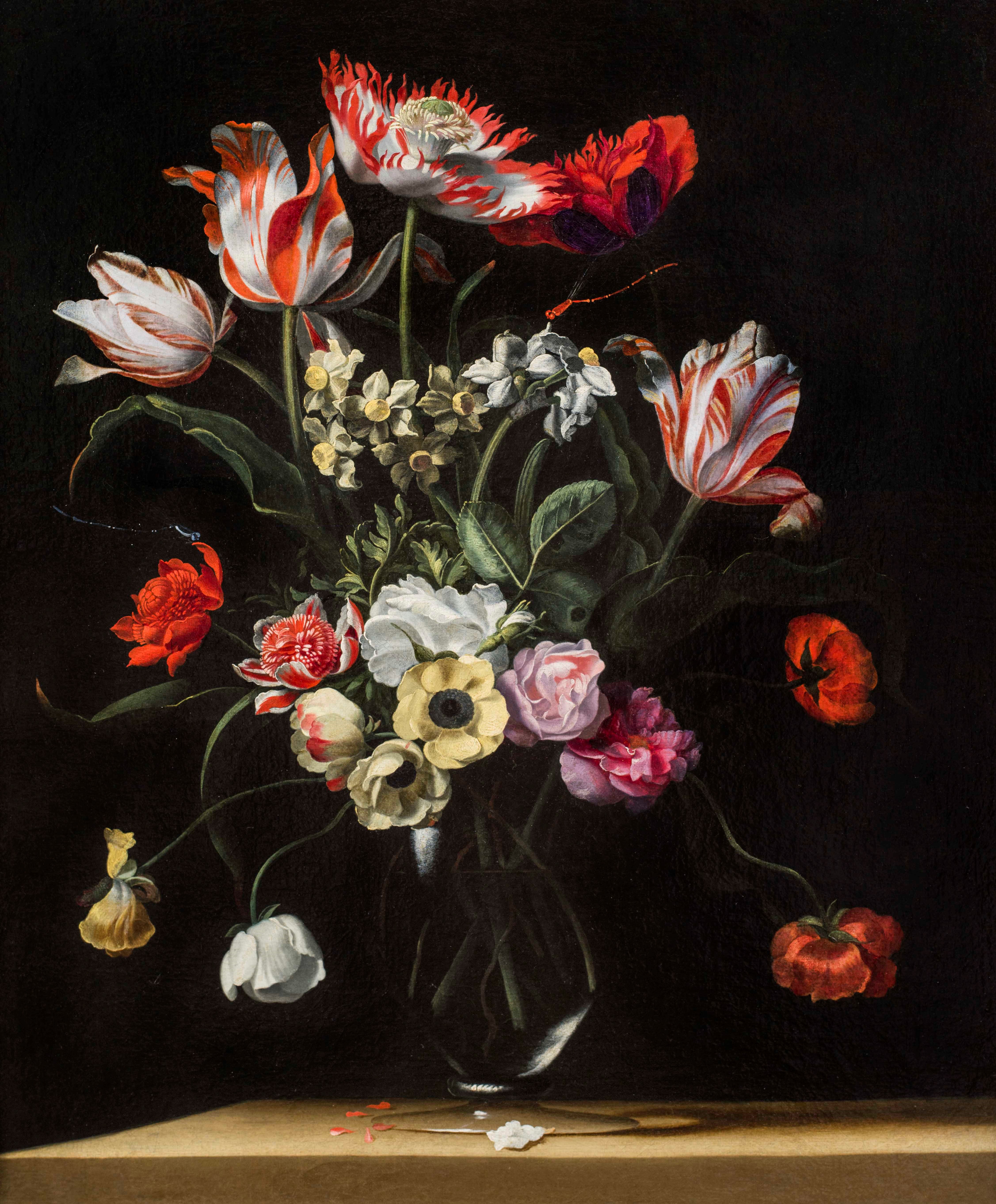Tulips, Daffodils, Carnations, Poppies, Anemones, and Other Flowers  in a Glass Vase on a Wooden Ledge
