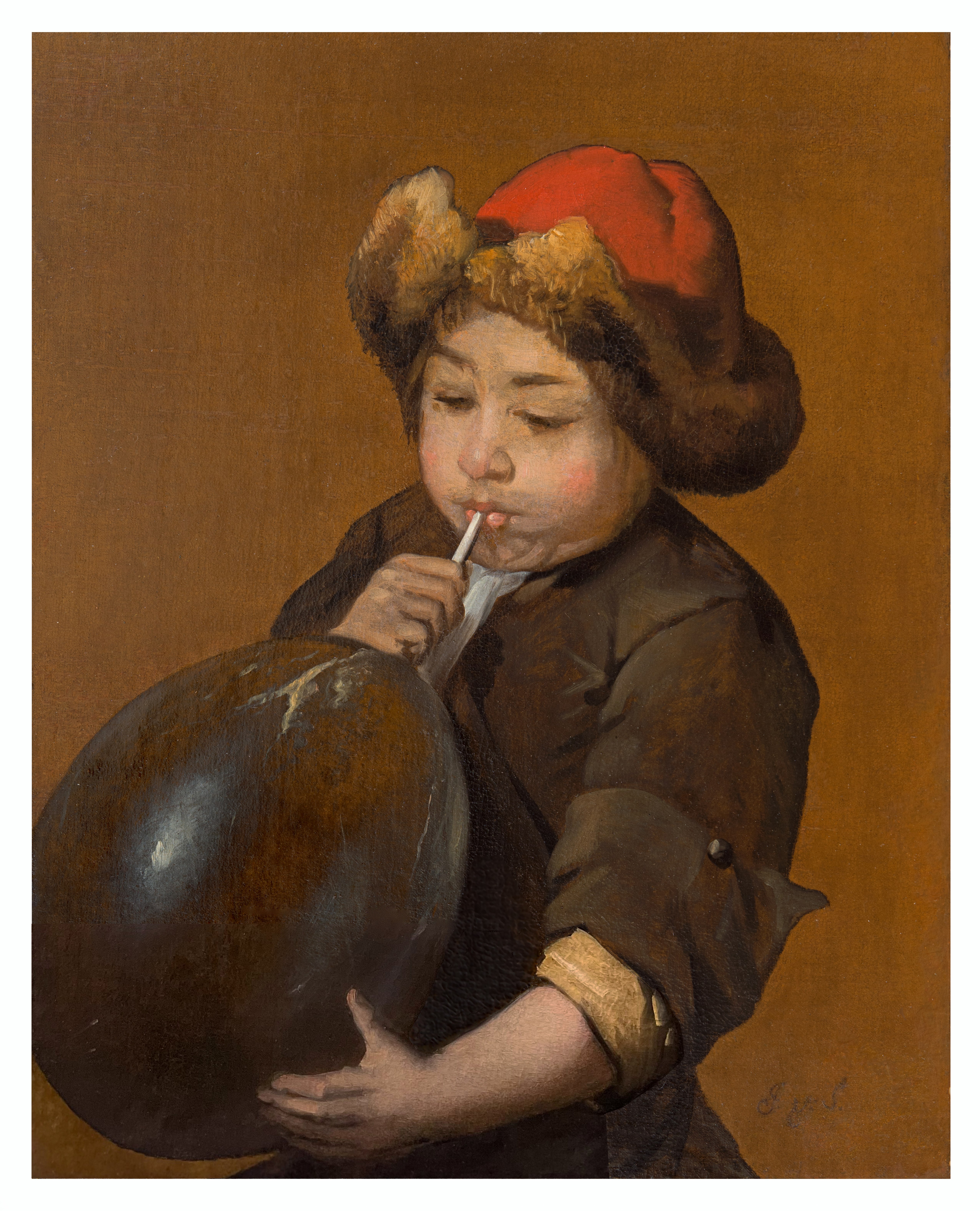 A Boy Blowing up a Bladder