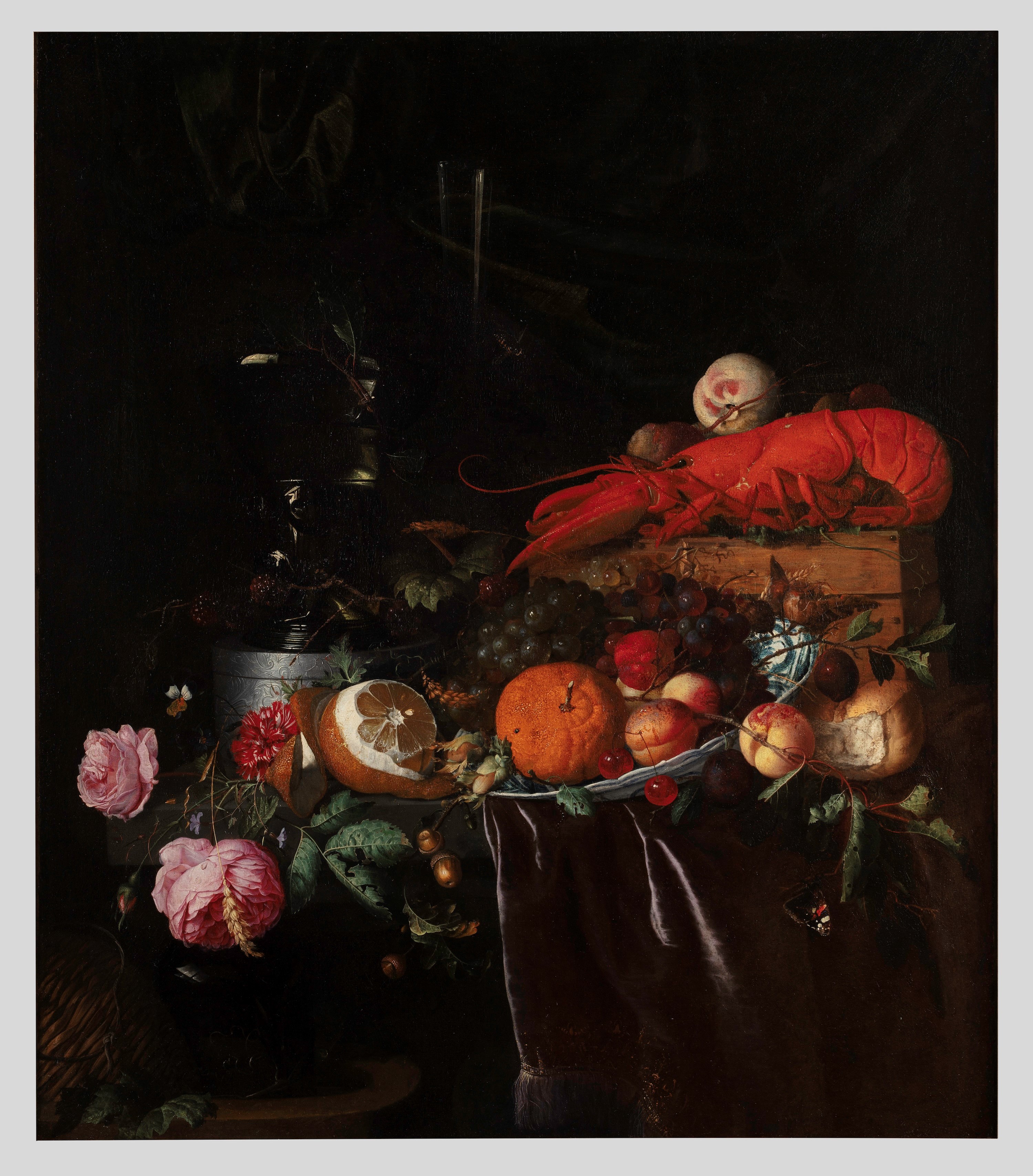 Fruit in a Wanli Kraak Porcelain Bowl, with a Peeled Lemon, Lobster, Roemer, Wine Glass and Flowers on a Draped Ledge