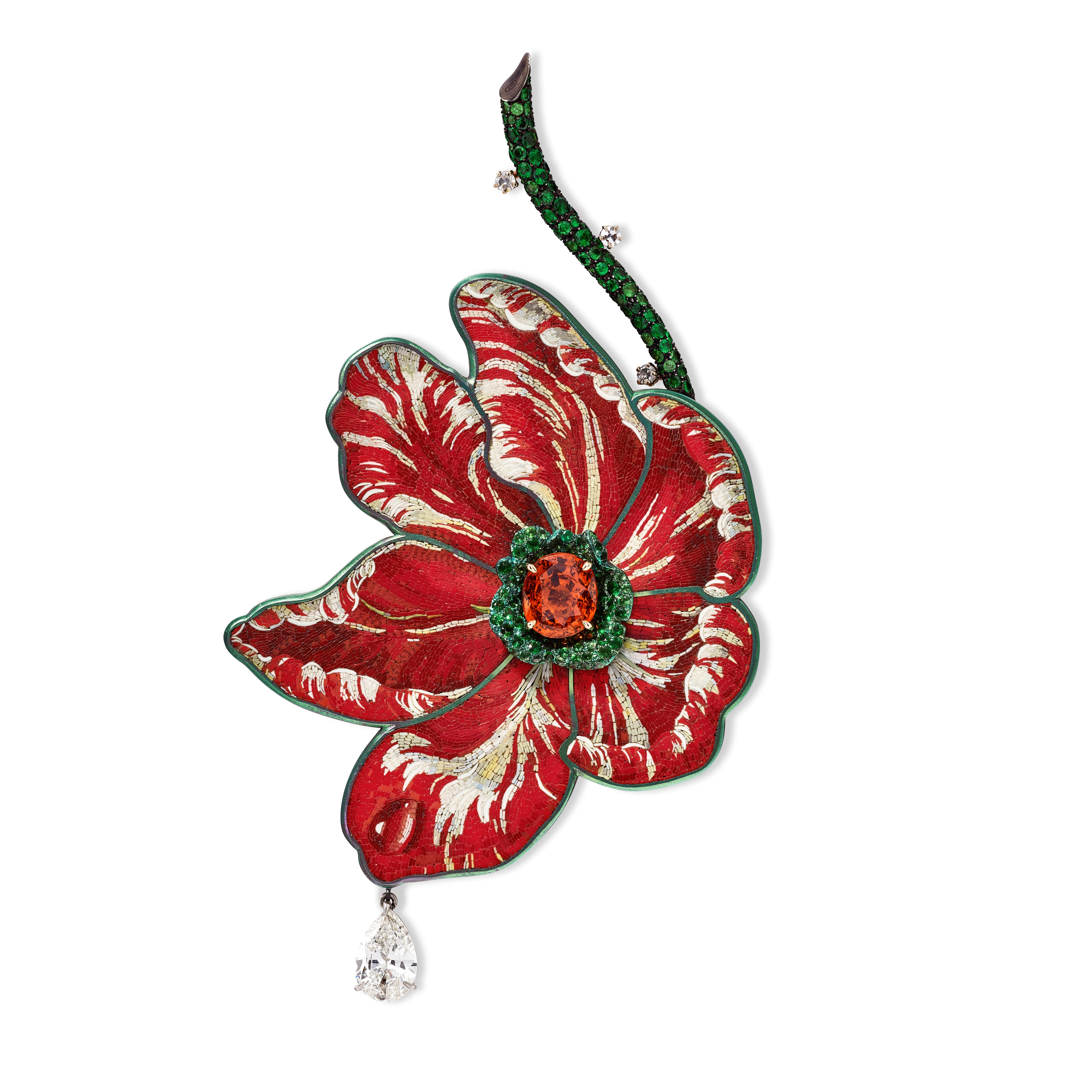 'Tulip' brooch in micro-mosaic with pear-shaped diamond