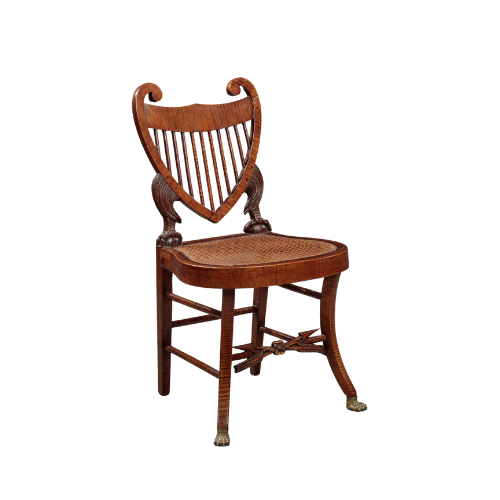Rare 'Eagle' Curly Maple Harp Back Side Chair with Brass Paw Feet
